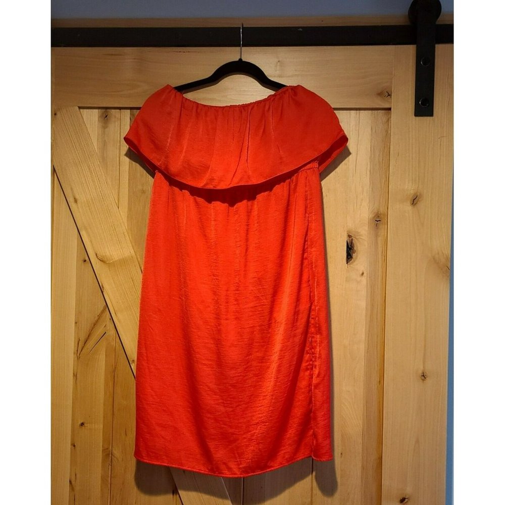 BCBG MaxAzria Womens M Satin Ruffled Strapless Lined Side Slit Dress Red Pockets